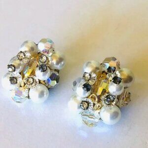 Vintage Pearl Crystal Cluster Bob Clip Earrings